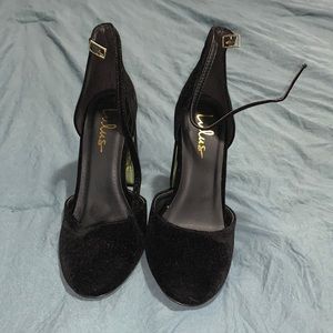 Lulu’s Suede Black Ankle Strap Heels